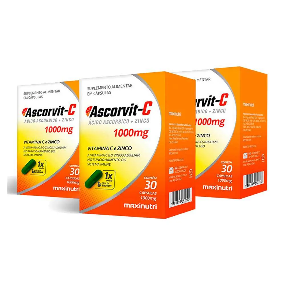 KIT 3 ASCORVIT C 1000MG VITAMINA C E ZINCO 30 CAPS MAXINUTRI