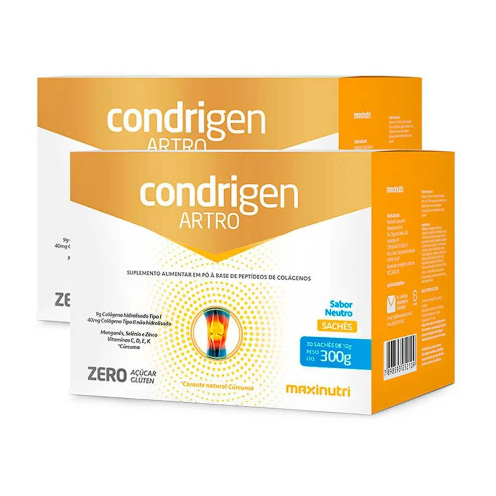 KIT 2 CONDRIGEN ARTRO COLáGENO TIPO 1 E 2 SACHêS SABOR NEUTRO MAXINUTRI