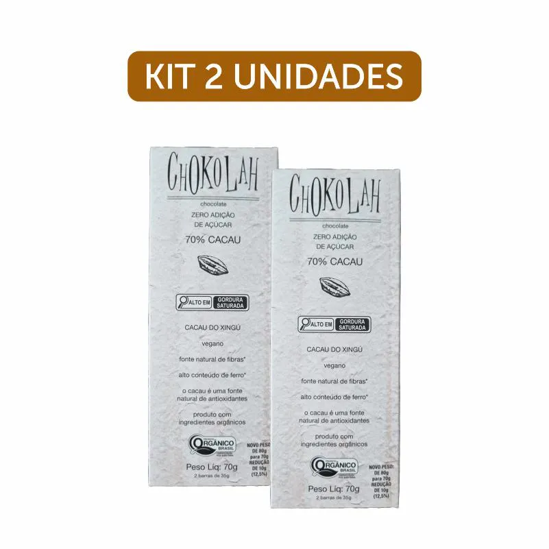 Kit 2X: Chocolate 70% Cacau Zero Açúcar Orgânico Chokolah 70G