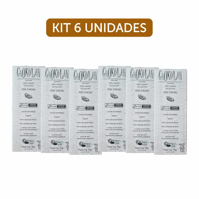 Kit 6X: Chocolate 70% Cacau Zero Açúcar Orgânico Chokolah 70G