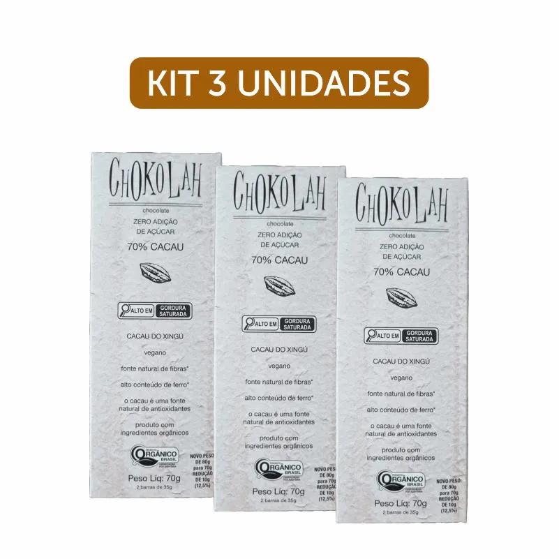 Kit 3X: Chocolate 70% Cacau Zero Açúcar Orgânico Chokolah 70G