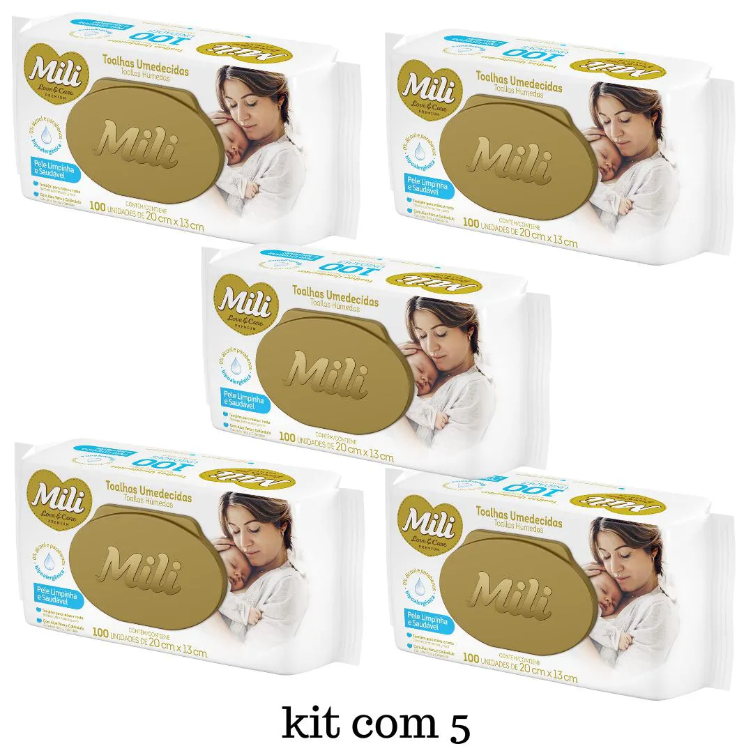 Kit Lenço Umedecido Mili Love e Care Premium 5 Pacotes de 100 Unidades