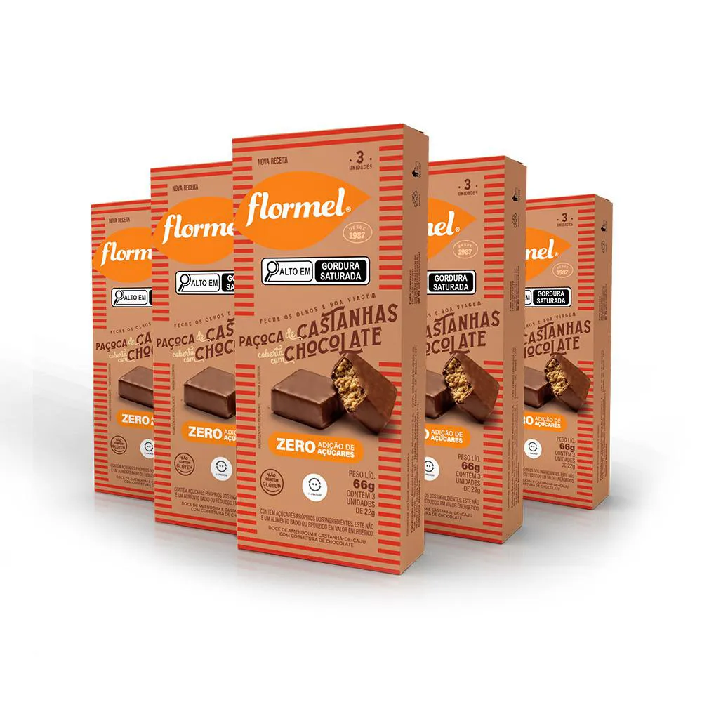 Kit Paçoca de Castanhas com Chocolate Flormel Zero Açúcar com 5 Unidades 