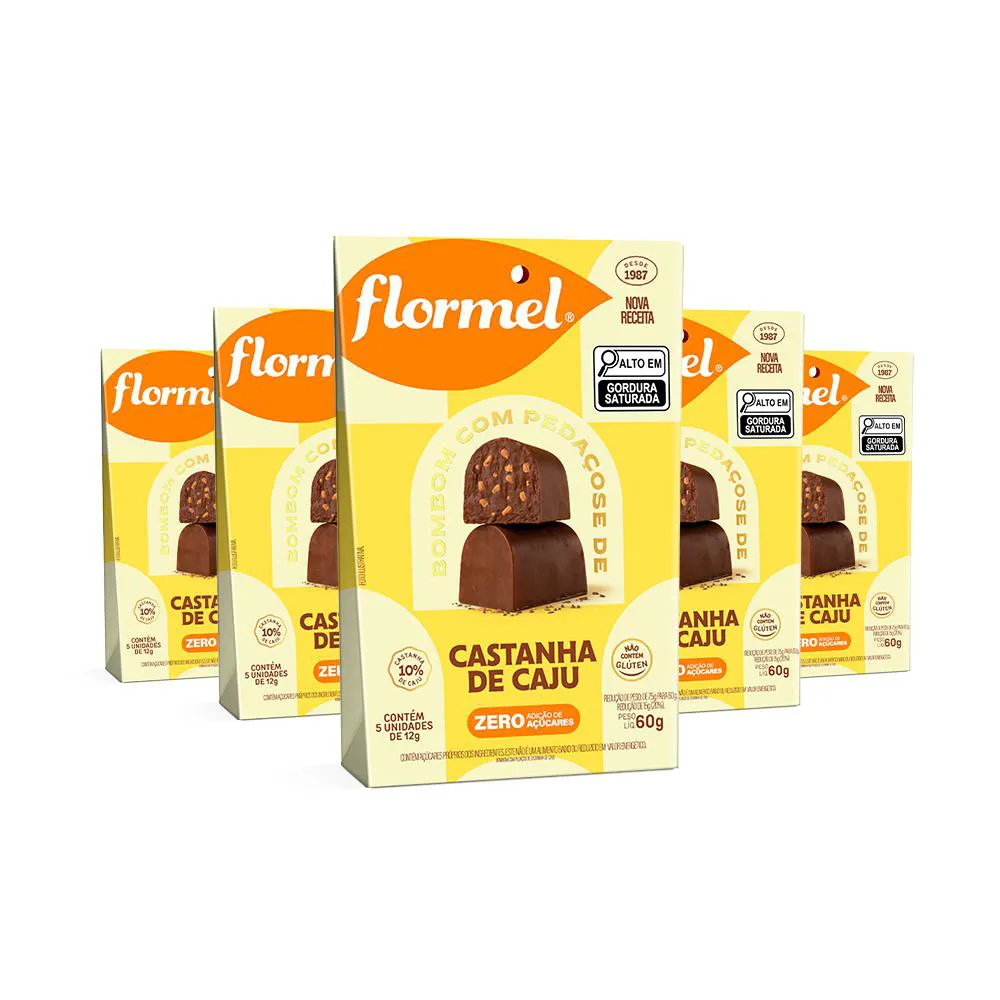 Kit Pouch Bombom com Pedaços Castanha de Caju Flormel Zero Açúcar 60G com 5 Unidades 