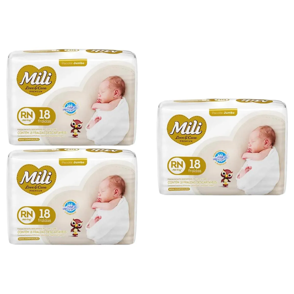 Kit Fralda Mili Love e Care Premium RN 18 unidades 3 Pacotes