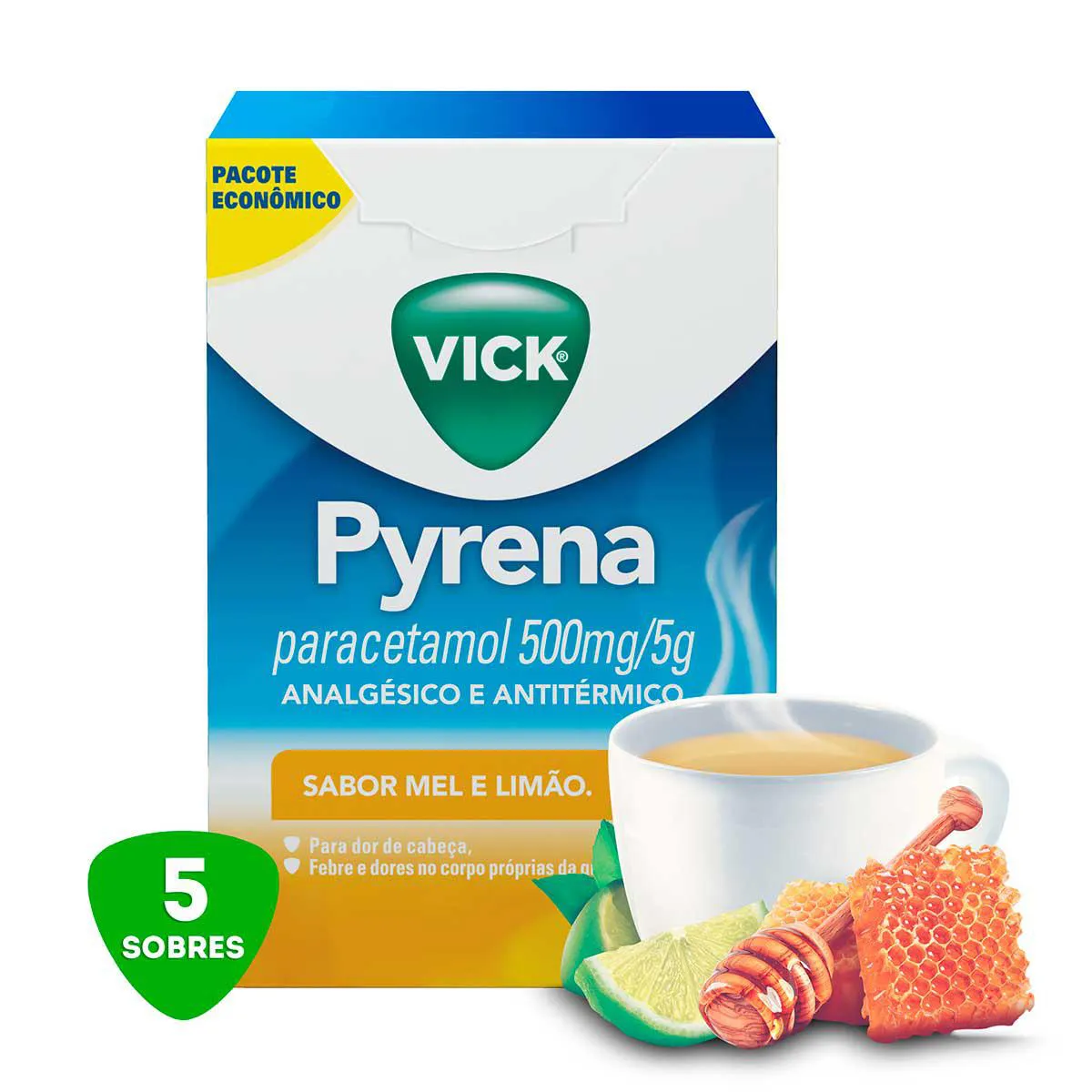 Vick Pyrena Paracetamol 500mg/5g Sabor Mel e Limão Pó para Solução Oral 5 envelopes com 5g cada