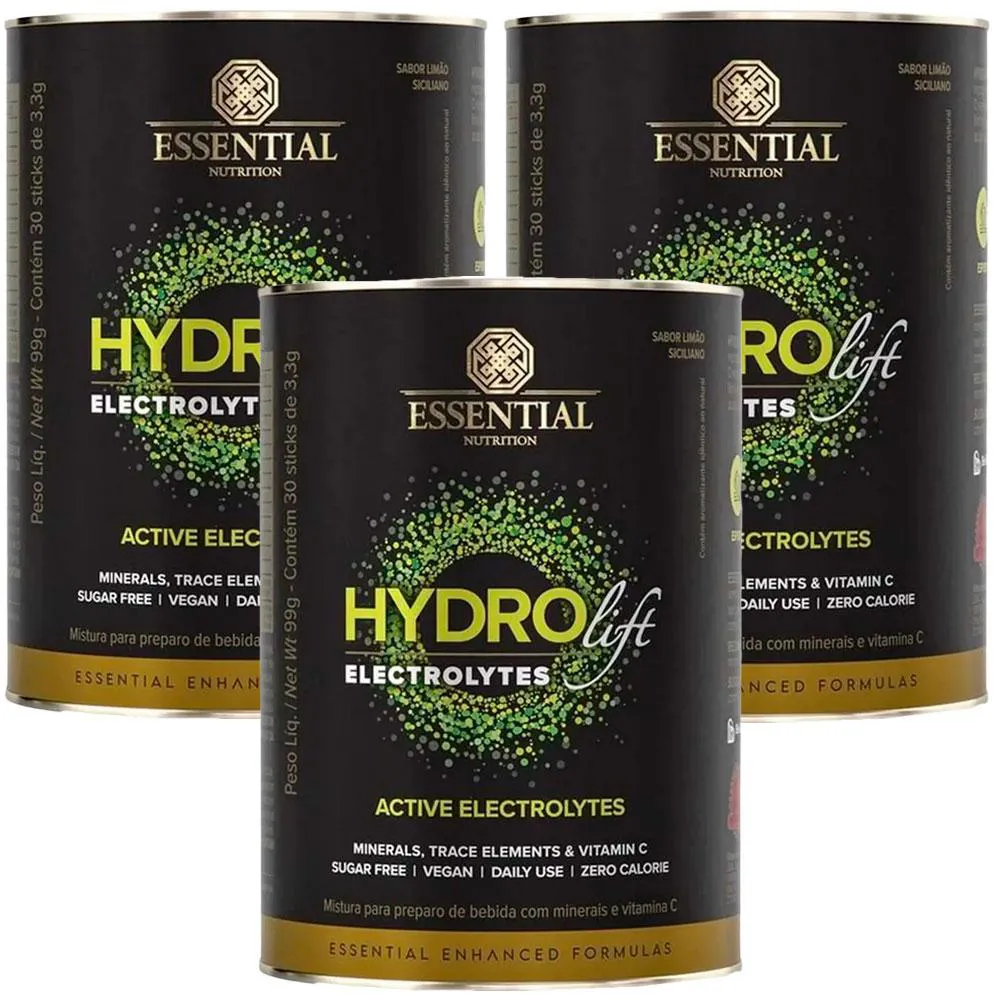 KIT 3X HYDROLIFT ELETRóLITOS + VIT C -  LIMAO - 30 SACHES CADA - ESSENTIAL NUTRITION