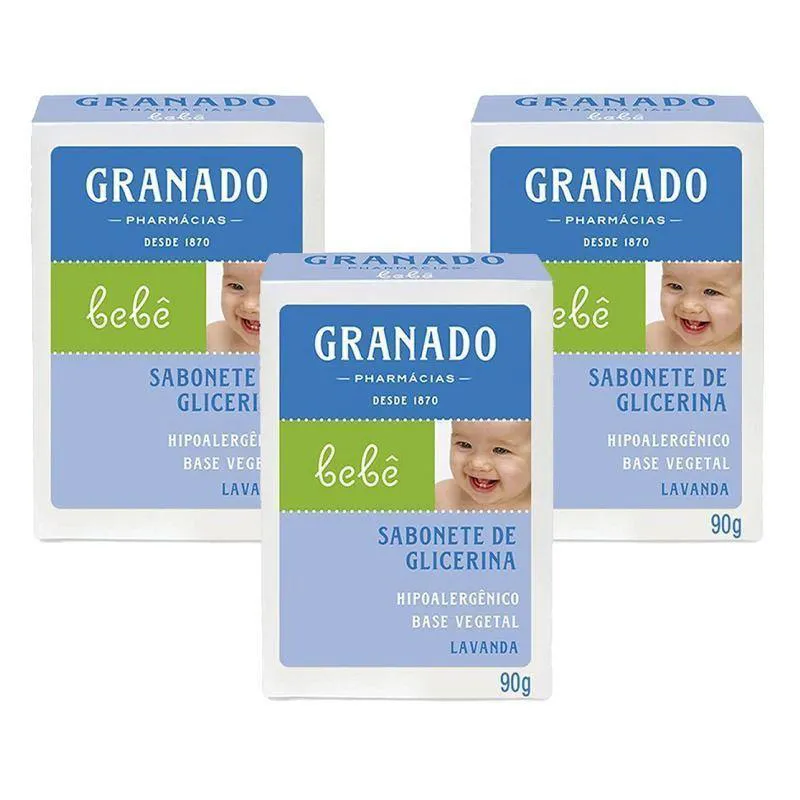 KIT 3 SABONETES BARRA DE GLICERINA GRANADO BEBê LAVANDA 90G