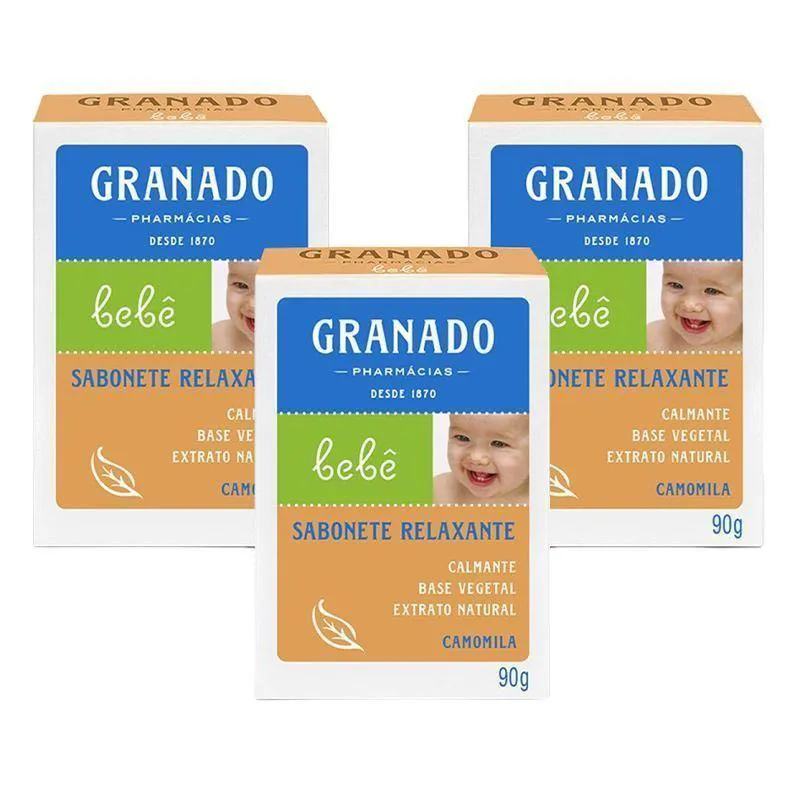 KIT 3 SABONETES EM BARRA DE GLICERINA GRANADO BEBê CAMOMILA 90G