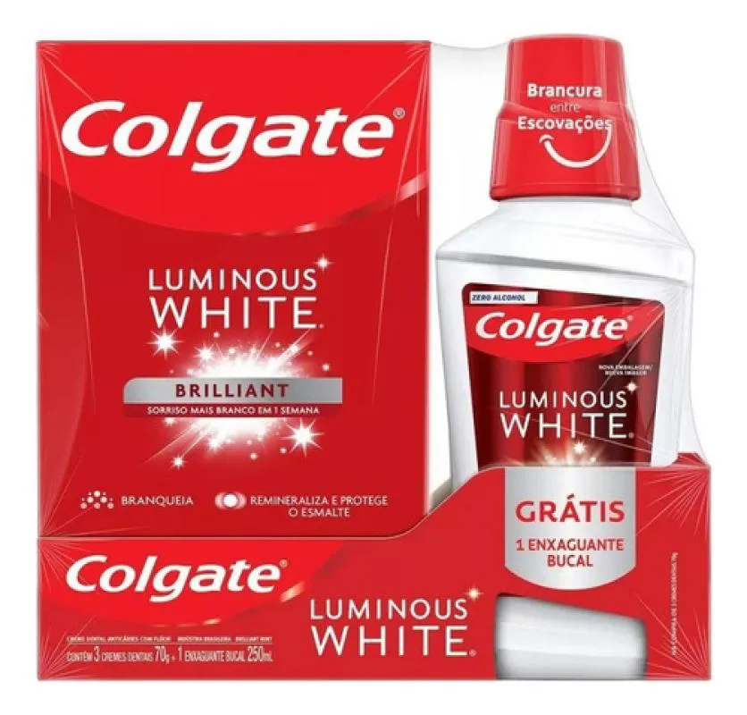 KIT COLGATE LUMINOUS WHITE COM 3 CREME DENTAL + ENXAGUANTE