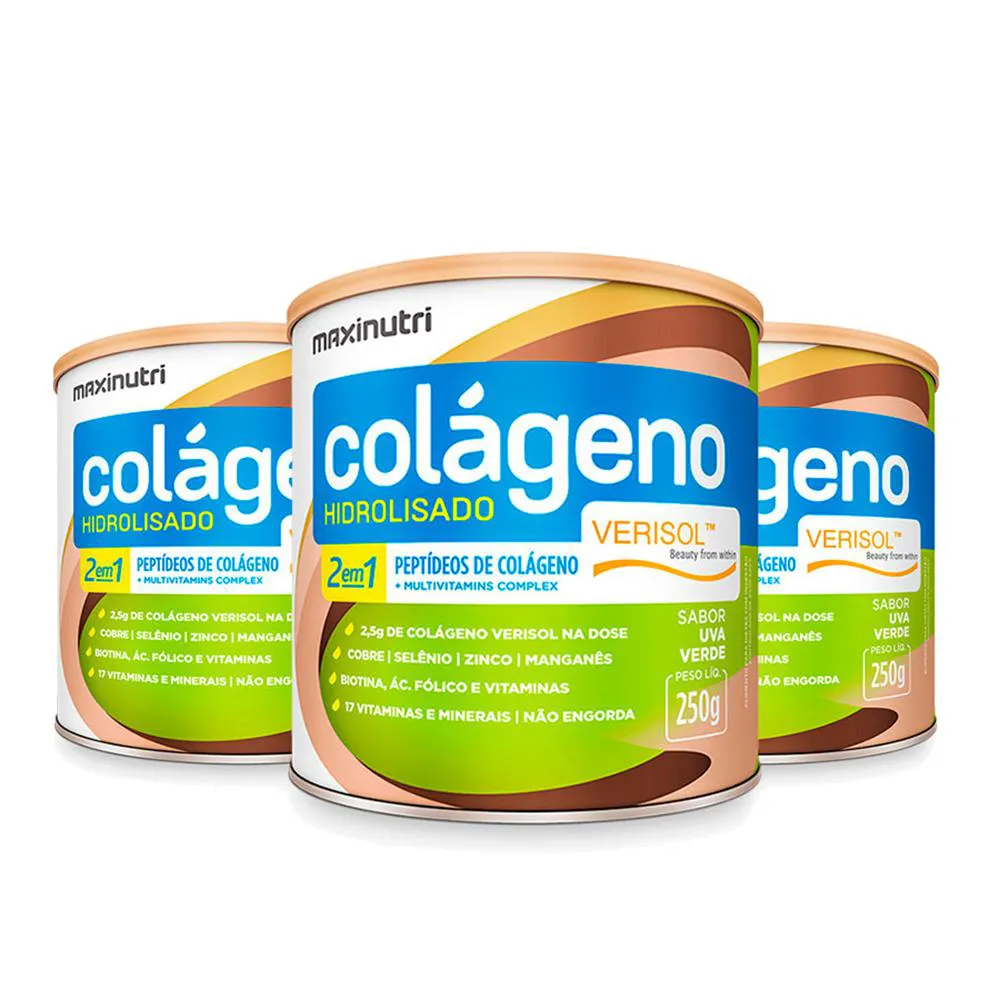 KIT 03 COLáGENOS VERISOL MAXINUTRI LATA 250G SABOR UVA VERDE