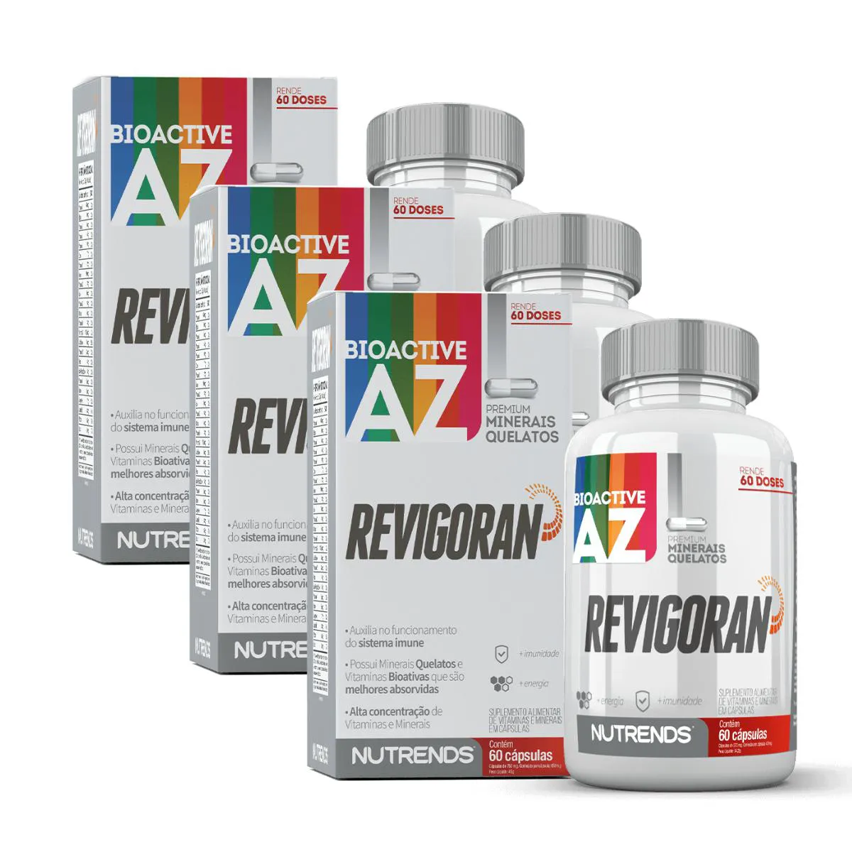 3X REVIGORAN AZ BIOACTIVE PREMIUM NUTRENDS 60 CáPSULAS SEM Sabor