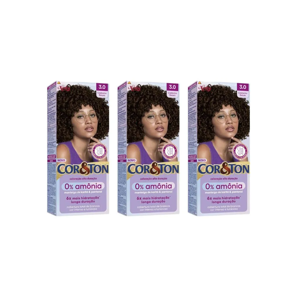 COLORAçAO COR&TON SEM AMONIA 3.0 CASTANHO ESCURO-KIT C/3UN