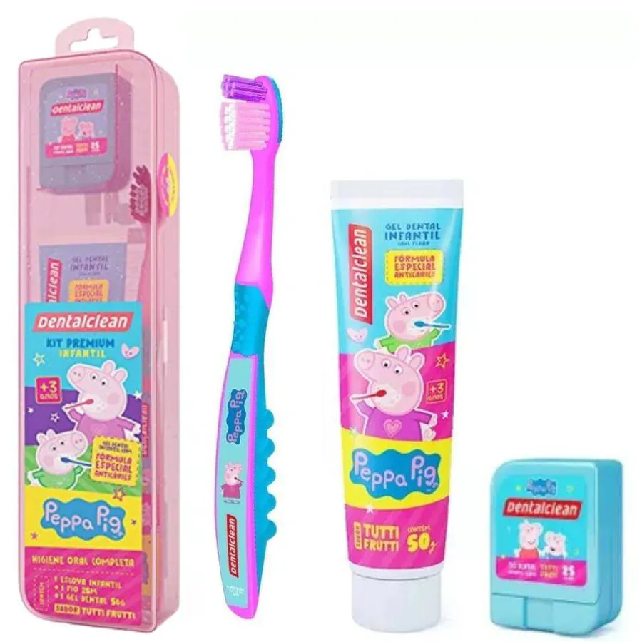 KIT ESTOJO INFANTIL PEPPA PIG ROSA ( 1 ESCOVA INFANTIL + 1 FIO DENTAL 25ML + 1 GEL DENTAL 50G ) - DENTALCLEAN