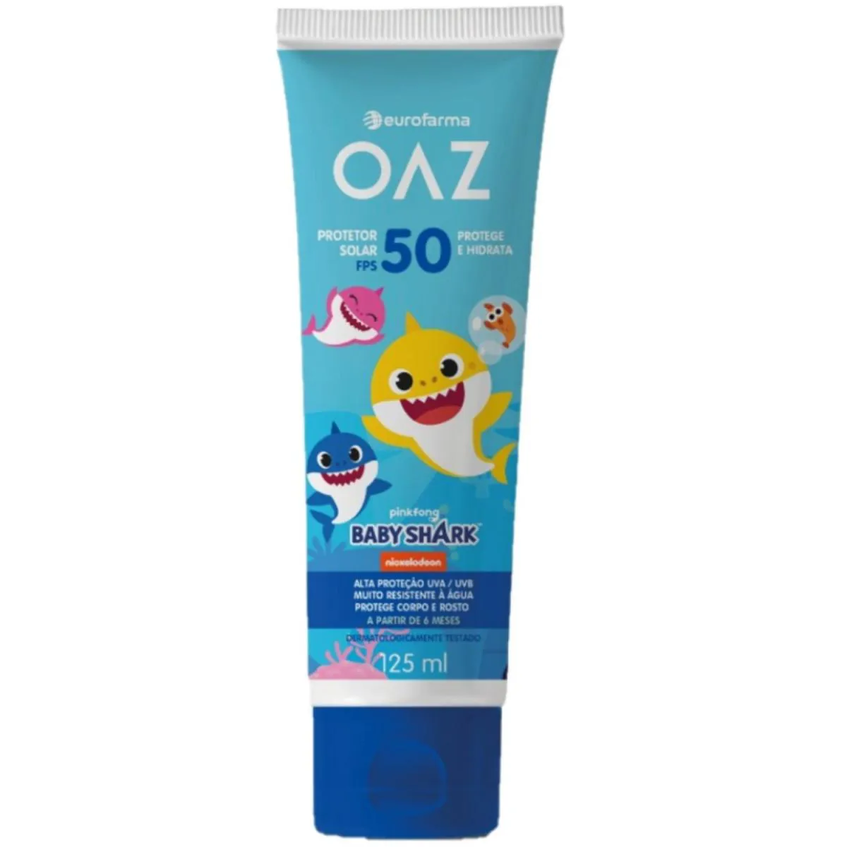 OAZ PROTETOR SOLAR BABY SHARK CORPO/ROSTO PARA CRIANçAS A PARTIR DE 6 MESES 50FPS 125ML EUROFARMA (7891317024437)