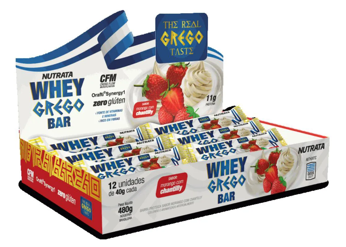 WHEY GREGO BAR CAIXA COM 12 UNIDADES (480G) - SABOR: MORANGO COM CHANTILLY