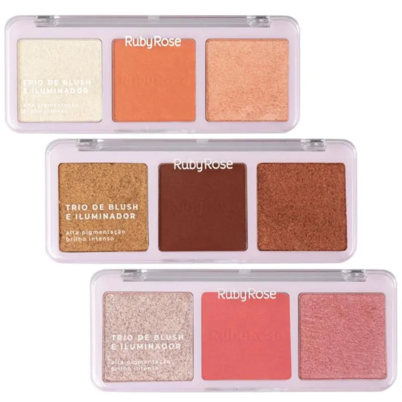 TRIO DE BLUSH E ILUMINADOR RUBY ROSE COR 01