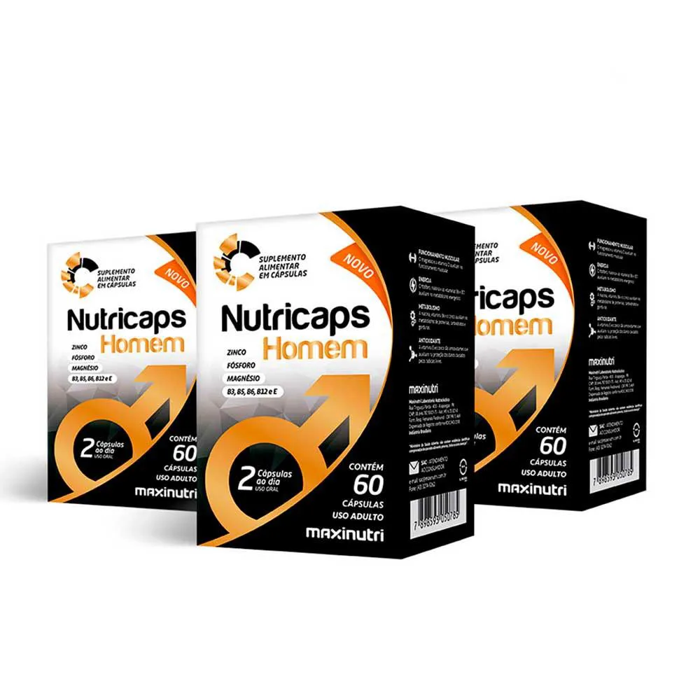 KIT 3 NUTRICAPS HOMEM VITAMINAS + ZINCO 60 CAPSULAS MAXINUTRI