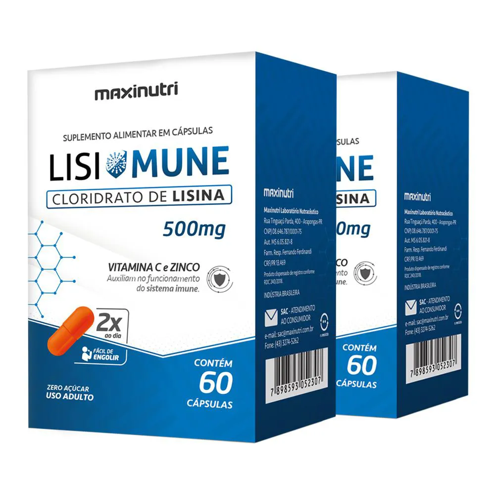 KIT 2 LISIMUNE CLORIDRATO DE LISINA + ZINCO 60 CáPSULAS MAXINUTRI