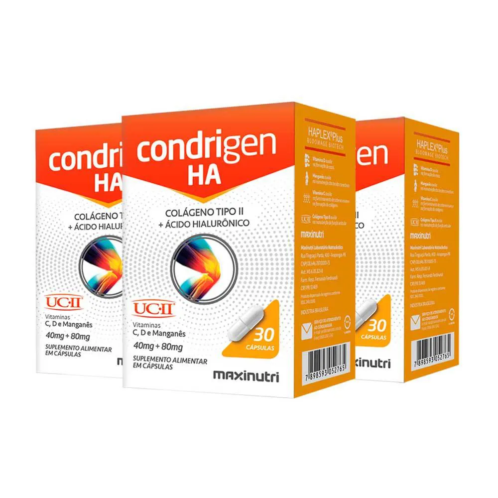 KIT 3 CONDRIGEN H.A. COLáGENO TIPO 2 + ÁCIDO HIALURôNICO 30 CáPS MAXINUTRI