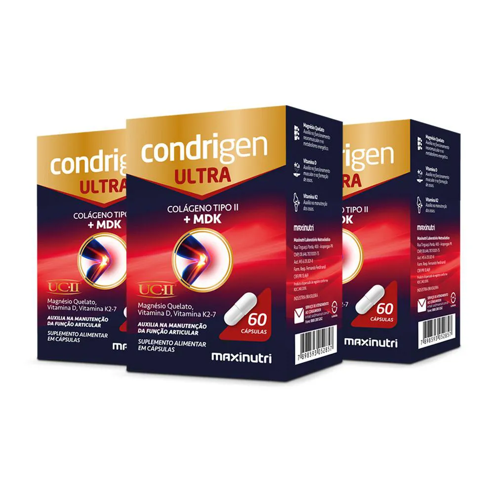 KIT 3 CONDRIGEN ULTRA COLáGENO NãO HIDROLISADO TIPO 2 + MDK 60 CáPS MAXINUTRI