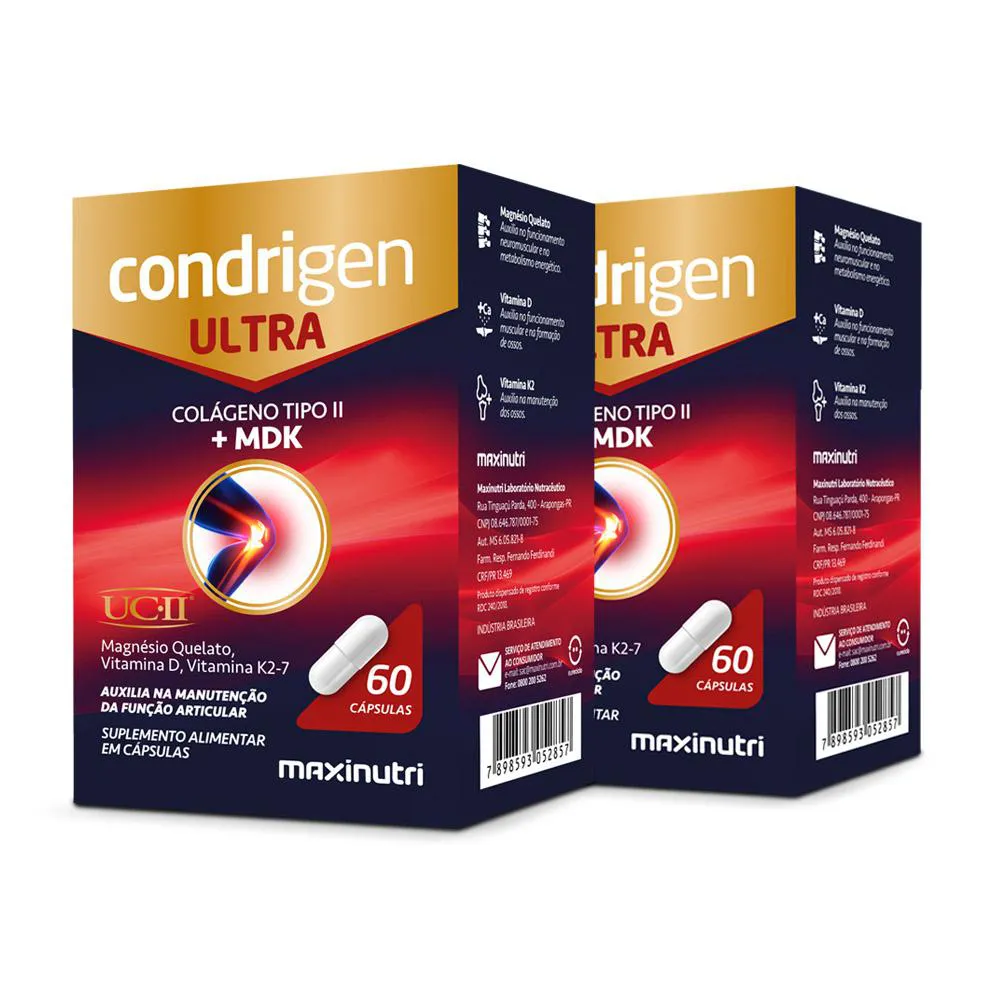 KIT 2 CONDRIGEN ULTRA COLáGENO NãO HIDROLISADO TIPO 2 + MDK 60 CáPS MAXINUTRI