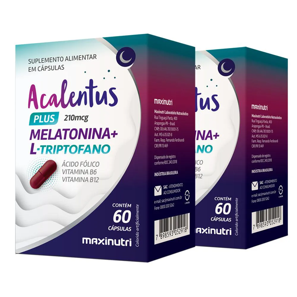 KIT 2 ACALENTUS PLUS MELATONINA + L TRIPTOFANO 60 CáPS MAXINUTRI