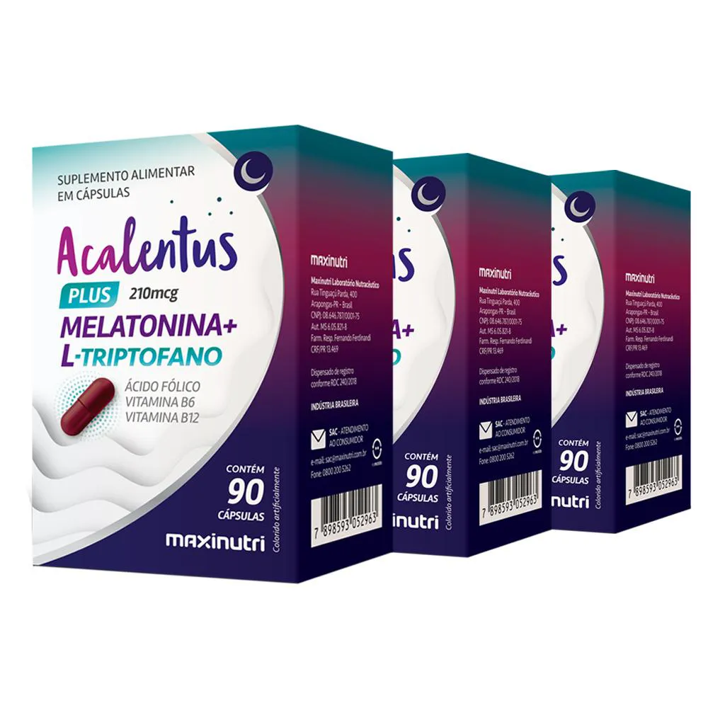KIT 3 ACALENTUS PLUS MELATONINA + L TRIPTOFANO 90 CáPS MAXINUTRI