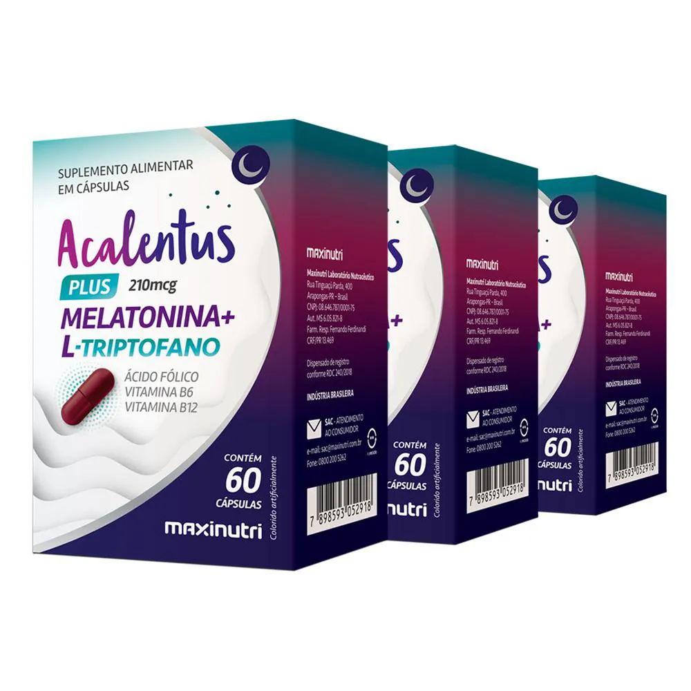 KIT 3 ACALENTUS PLUS MELATONINA + L TRIPTOFANO 60 CáPS MAXINUTRI