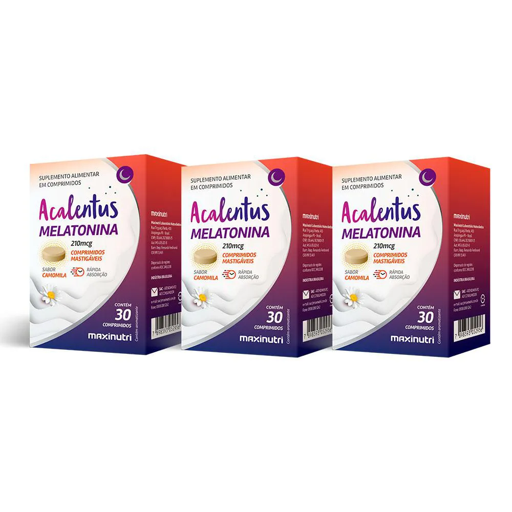 KIT 3 ACALENTUS MELATONINA + CAMOMILA MASTIGáVEL 30 CáPS MAXINUTRI