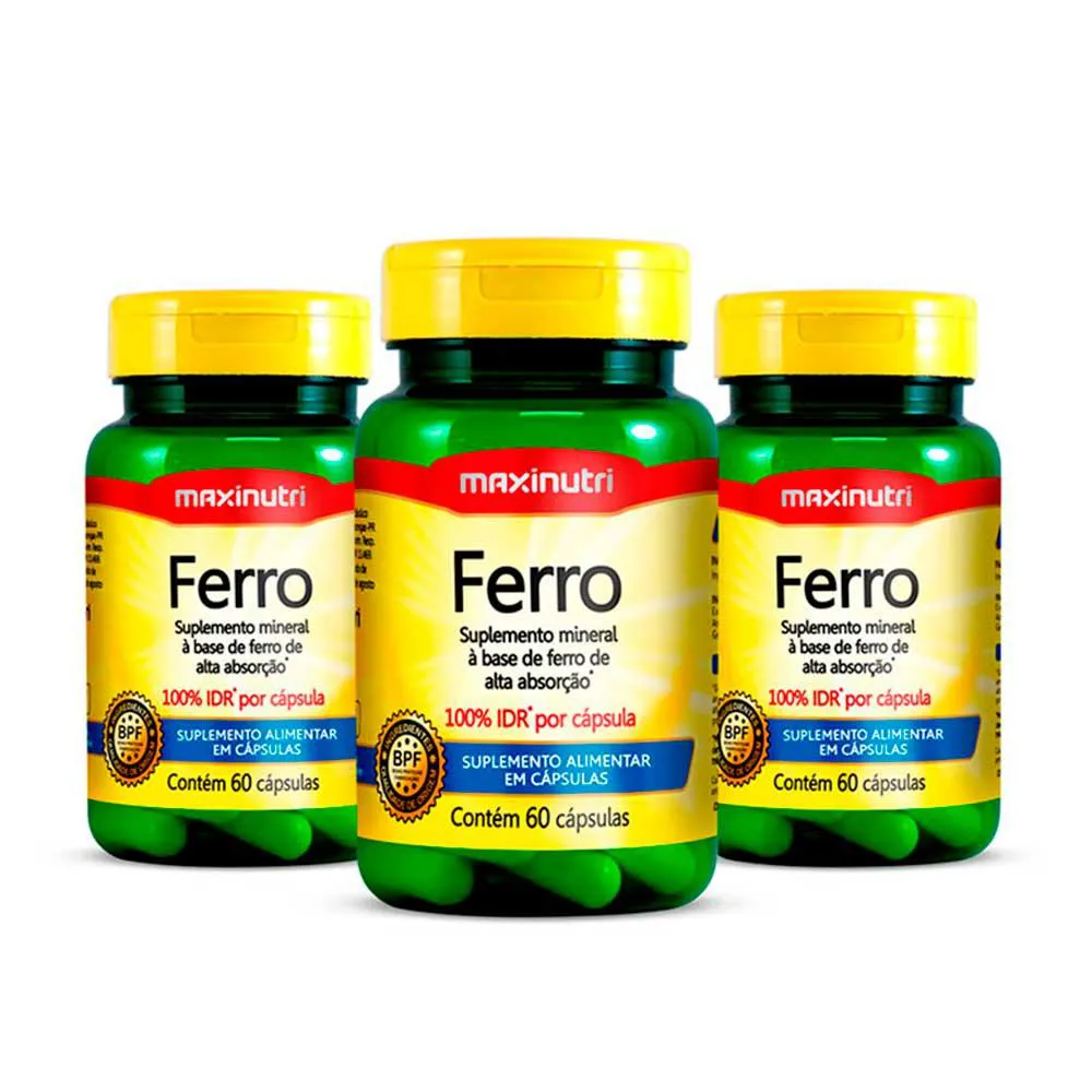 KIT 3 FERRO 100% IDR COM 60 CáPSULAS MAXINUTRI