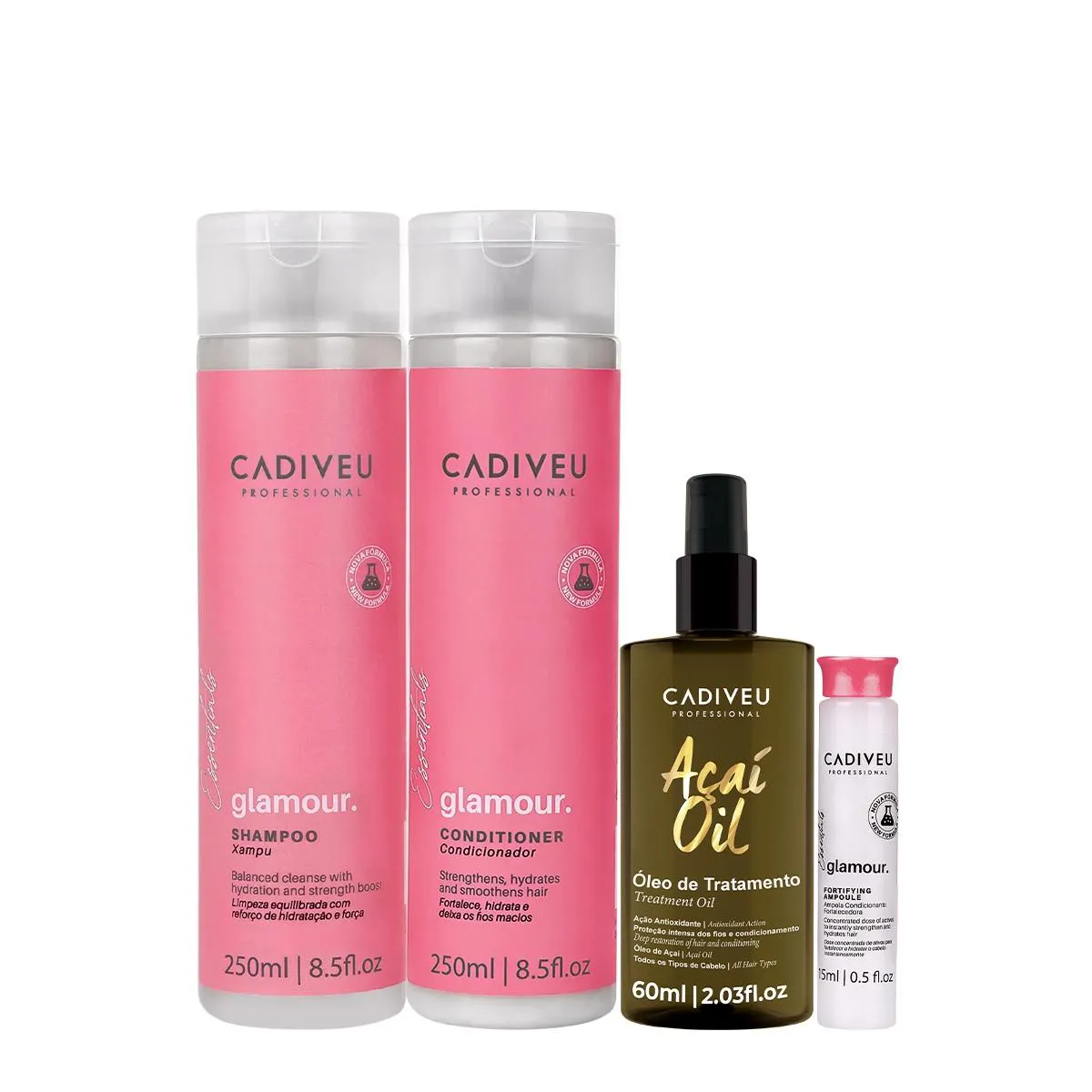 KIT CADIVEU PROFESSIONAL ESSENTIALS GLAMOUR SHAMPOO CONDICIONADOR AMPOLA E AçAI ÓLEO 60 (4 PRODUTOS)