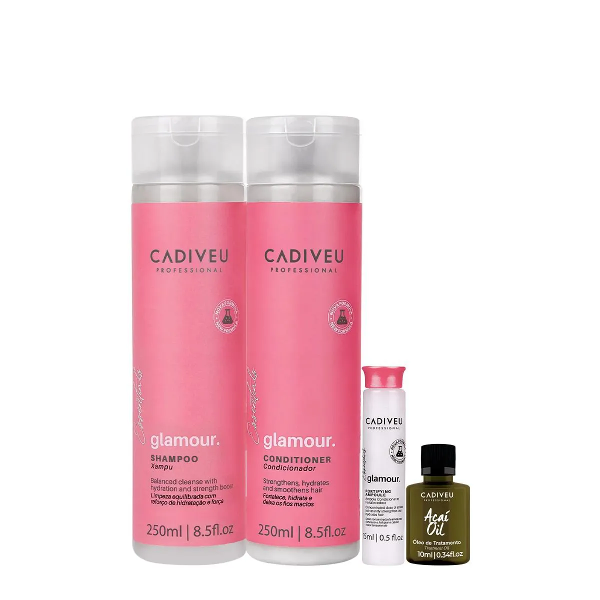 KIT CADIVEU PROFESSIONAL ESSENTIALS GLAMOUR SHAMPOO CONDICIONADOR AMPOLA E AçAI ÓLEO 10 (4 PRODUTOS)