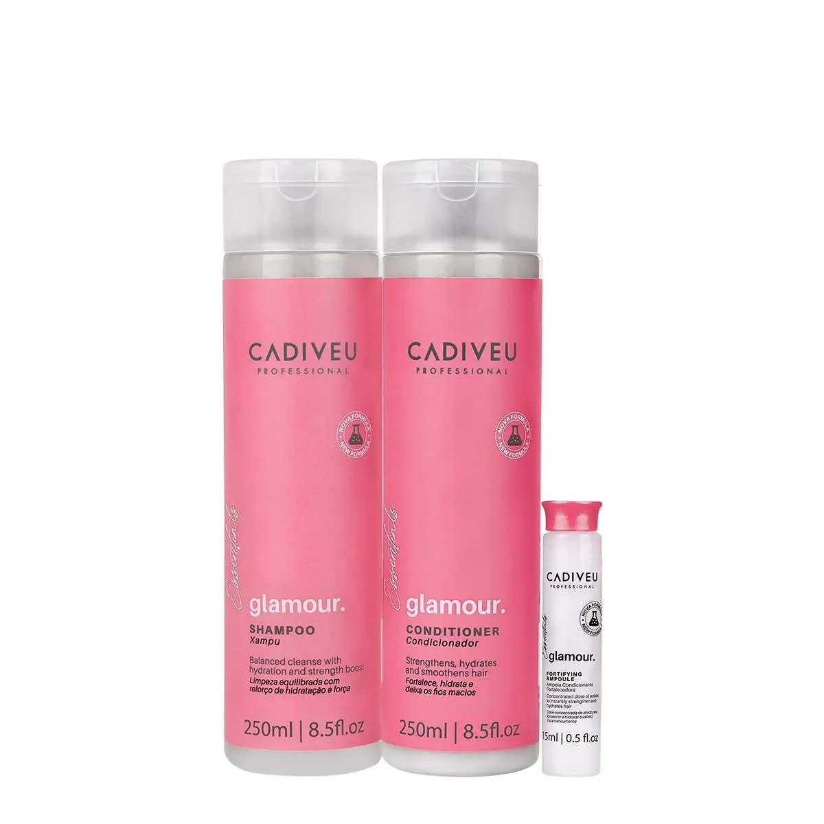 KIT CADIVEU PROFESSIONAL ESSENTIALS GLAMOUR SHAMPOO CONDICIONADOR E AMPOLA (3 PRODUTOS)