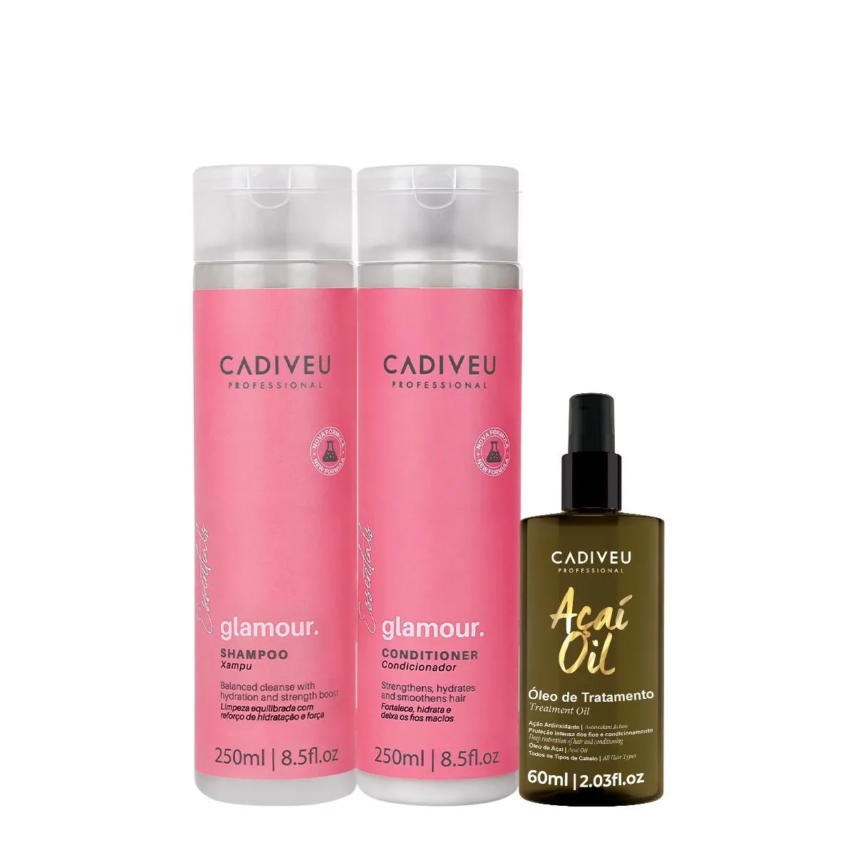 KIT CADIVEU PROFISSIONAL ESSENTIALS GLAMOUR SHAMPOO CONDICIONADOR E AçAí OIL 60 (3 PRODUTOS)