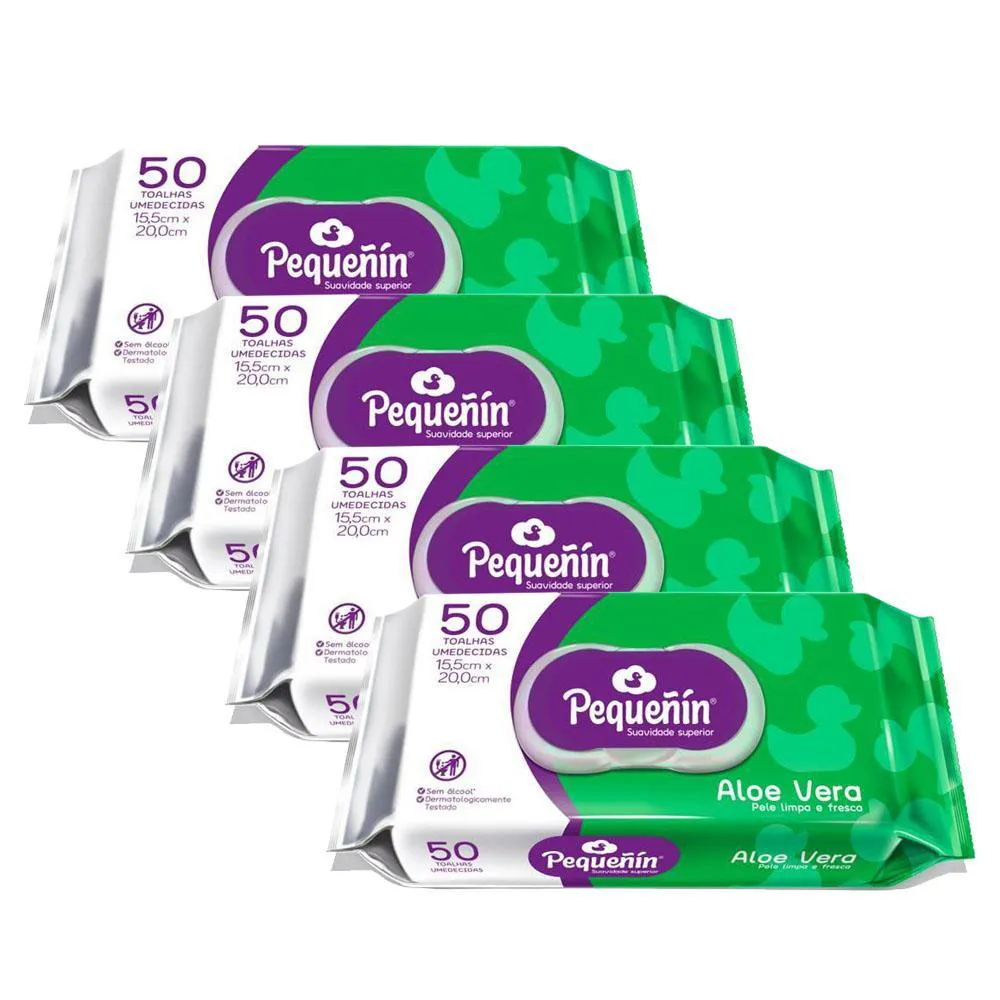 KIT 4 TOALHAS UMEDECIDAS PEQUEñIN ALOE VERA 50UN CADA