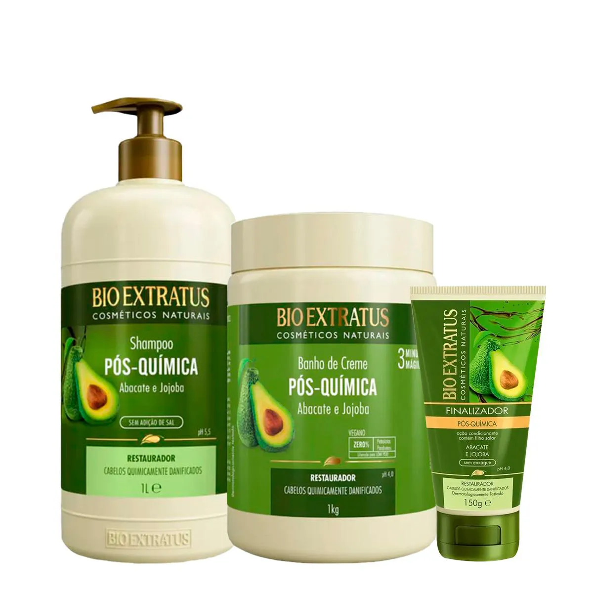 KIT BIO EXTRATUS PóS-QUíMICA SHAMPOO BANHO DE CREME G E FINALIZADOR (3 PRODUTOS)