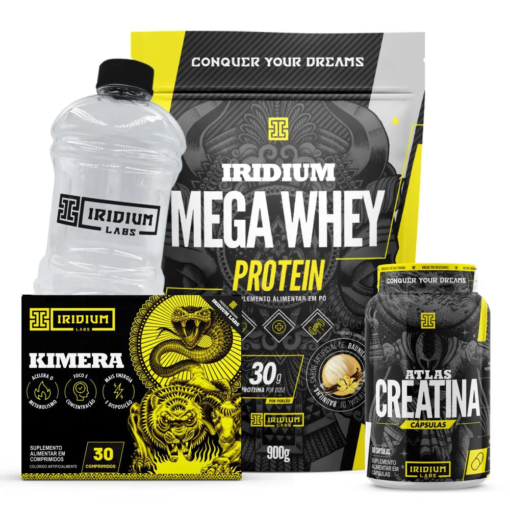 MEGA WHEY + KIMERA THERMO 30 COMPS +  ATLAS CREATINA 60 CáPS + GALãO CRISTAL 1L Baunilha