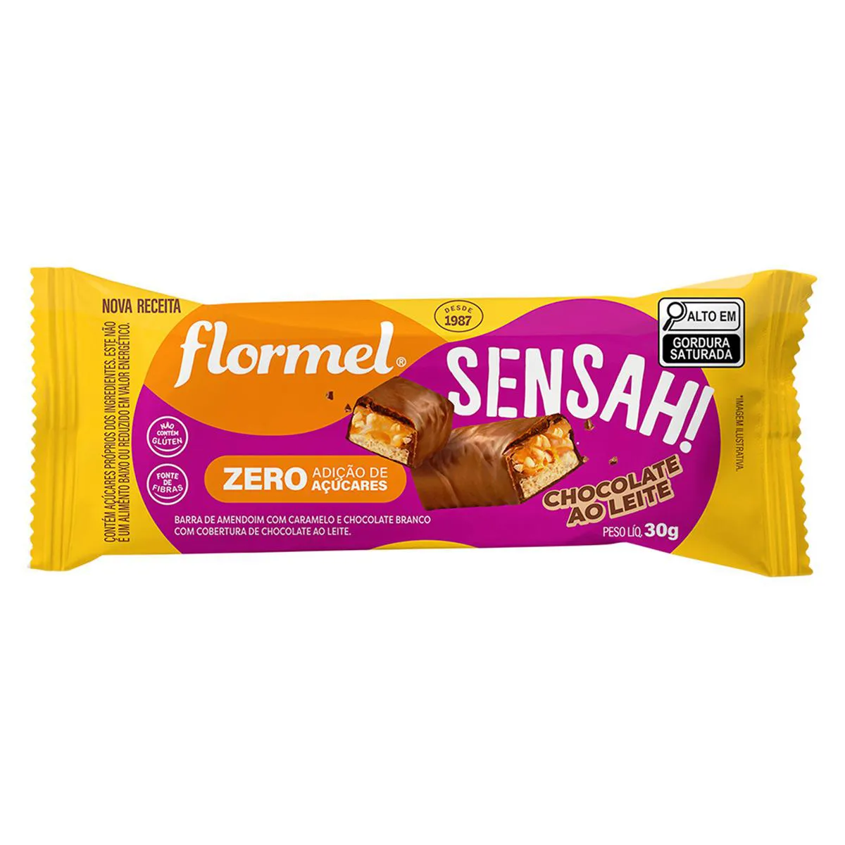 Chocolate Flormel Sensah! Zero Açúcar Amendoim com Caramelo e Chocolate Branco 30g