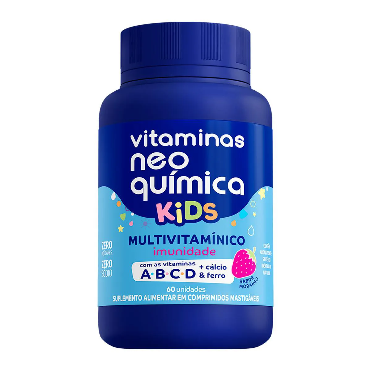 Multivitamínico Infantil Neo Quimica Vitaminas Kids Imunidade Morango 60 Comprimidos Mastigáveis