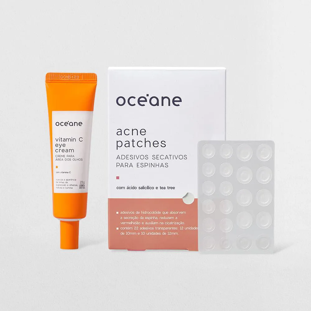KIT ADESIVOS ANTIACNE + CREME PARA ÁREA DOS OLHOS COM VITAMINA C (2 PRODUTOS)