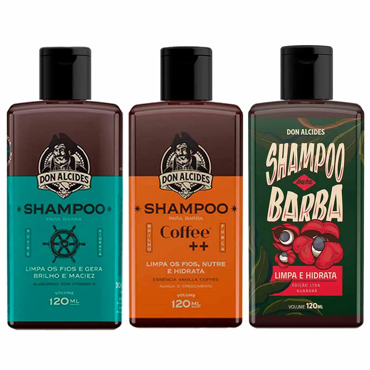 KIT 3X SHAMPOO BARBA CALICO JACK COFFEE GUARANá DON ALCIDES
