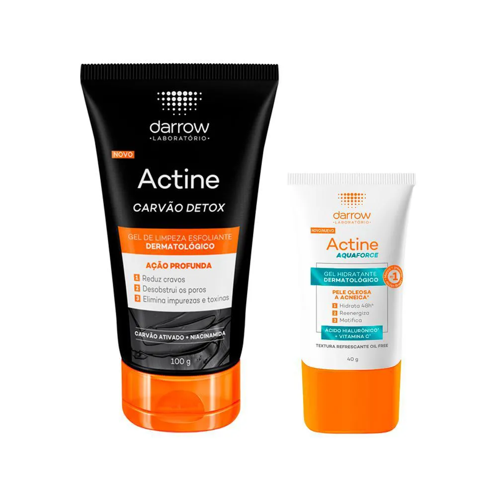 KIT FACIAL DARROW ACTINE PARA PELES OLEOSAS E ACNEICAS - GEL DE LIMPEZA ESFOLIANTE CARVãO DETOX 100G E GEL HIDRATANTE FACIAL AQUAFORCE 40G