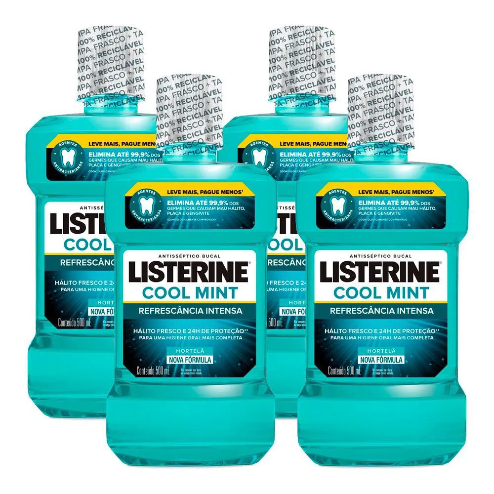 KIT COM 4 ANTISSéPTICO BUCAL LISTERINE COOL MINT LEVE 500ML PAGUE 350ML