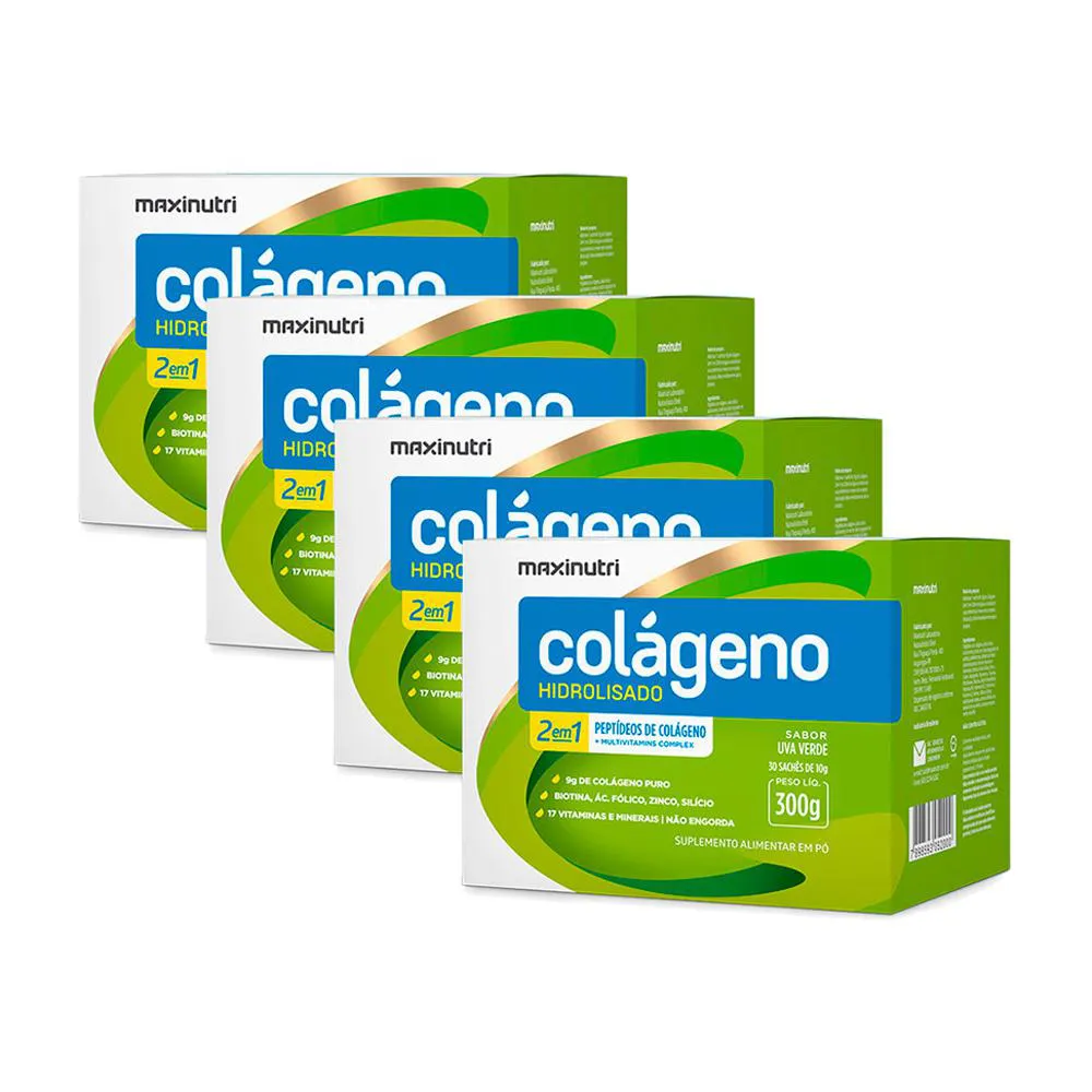 KIT 04 COLáGENO HIDROLISADO 30 SACHES UVA VERDE MAXINUTRI