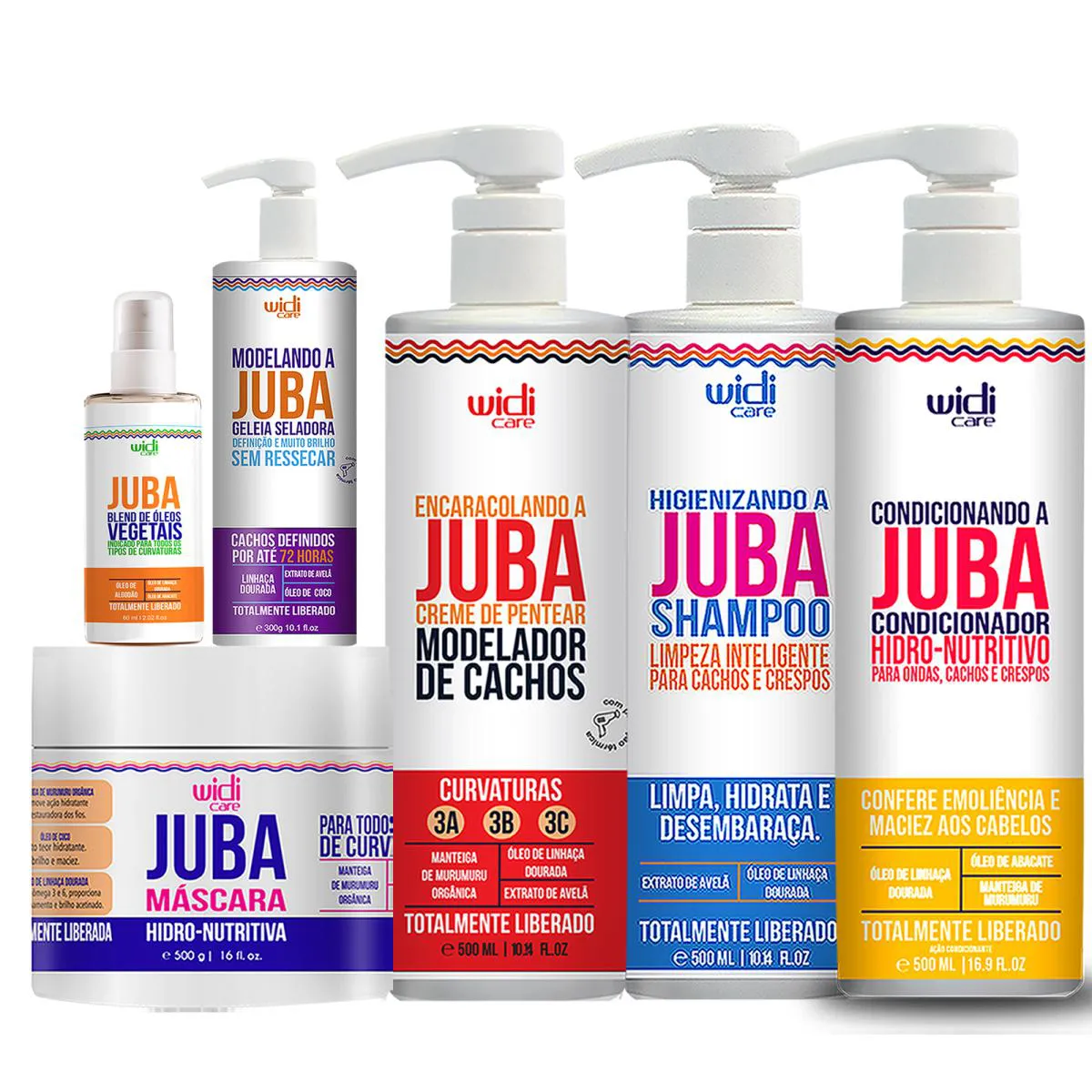 KIT WIDI CARE LINHA JUBA SHAMPOO, CONDICIONADOR, ENCARACOLANDO, MáSCARA, GELEIA E BLEND