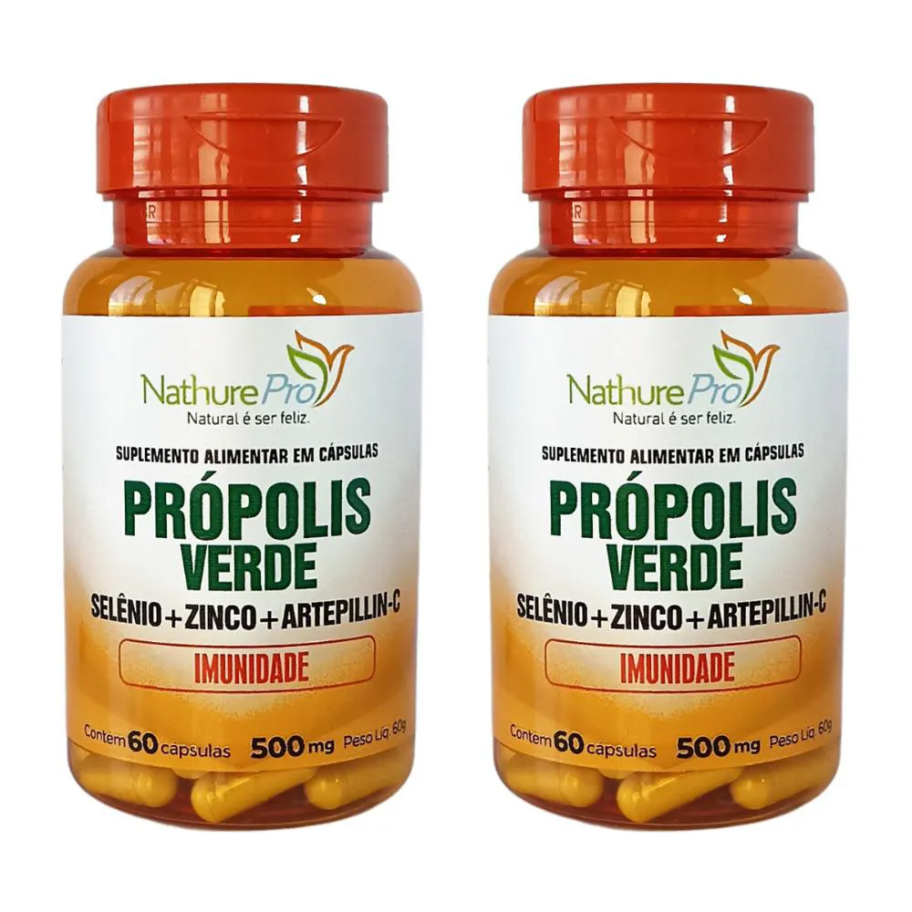 KIT 2 PRóPOLIS VERDE (SELêNIO + ZINCO + ARTEPILLIN-C) 60 CáPSULAS 500MG