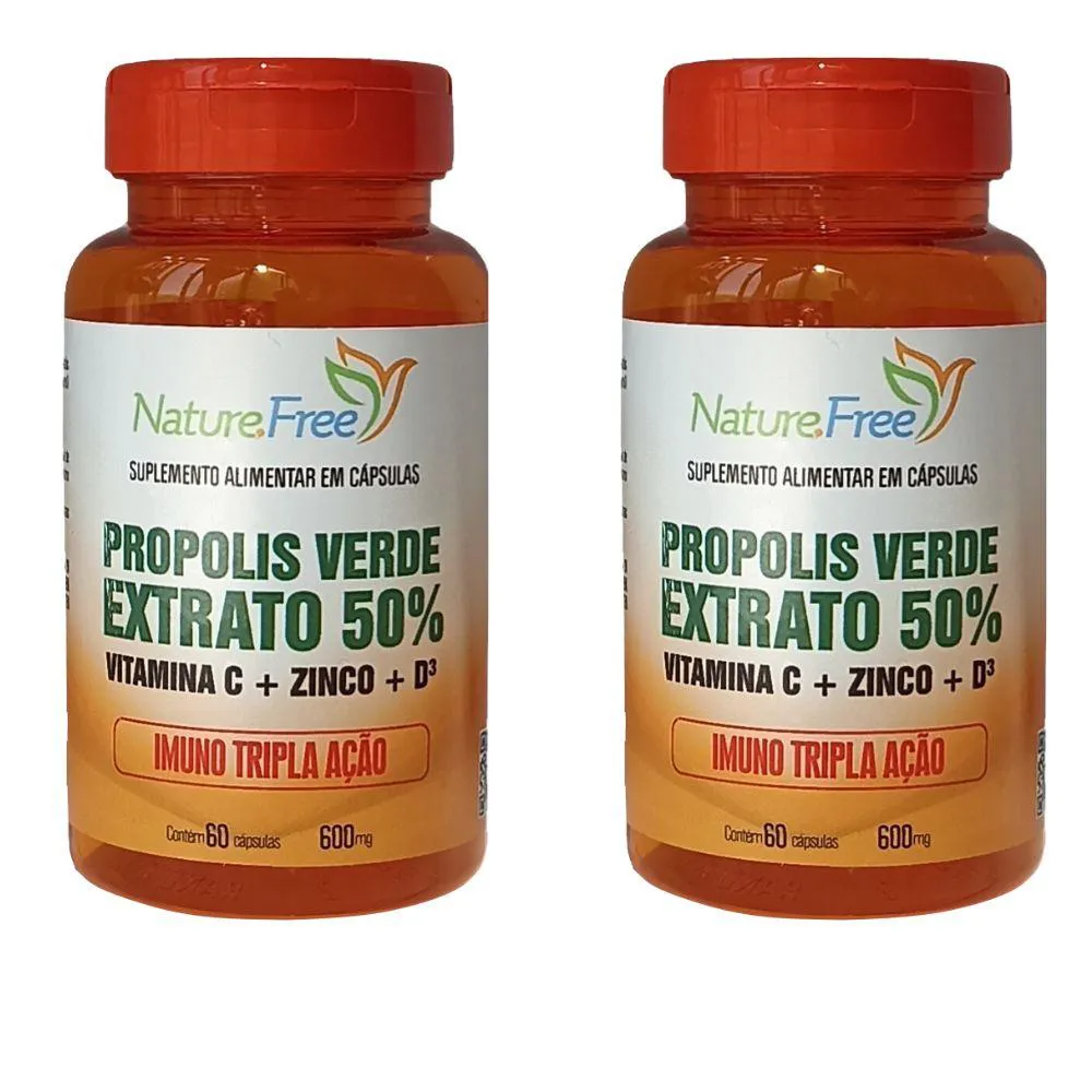 KIT 2 PRóPOLIS VERDE EXTRATO 50% + VITAMINA C + ZINCO + D³ 60 CáPSULAS 600MG