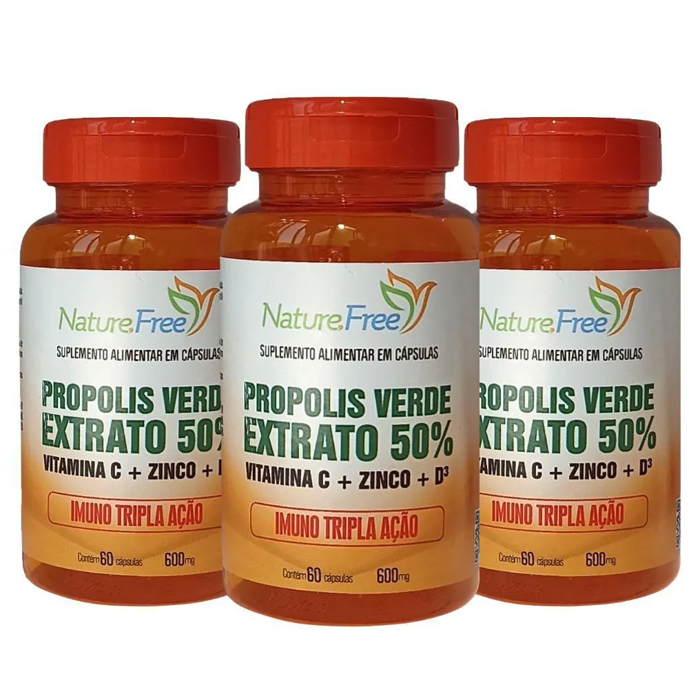 KIT 3 PRóPOLIS VERDE EXTRATO 50% + VITAMINA C + ZINCO + D³ 60 CáPSULAS 600MG