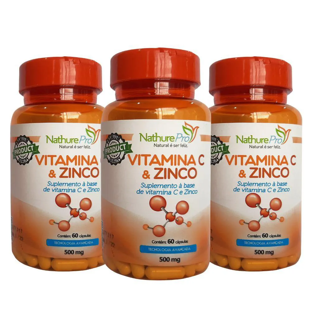 KIT 3 VITAMINA C E ZINCO 60 CáPSULAS 500MG